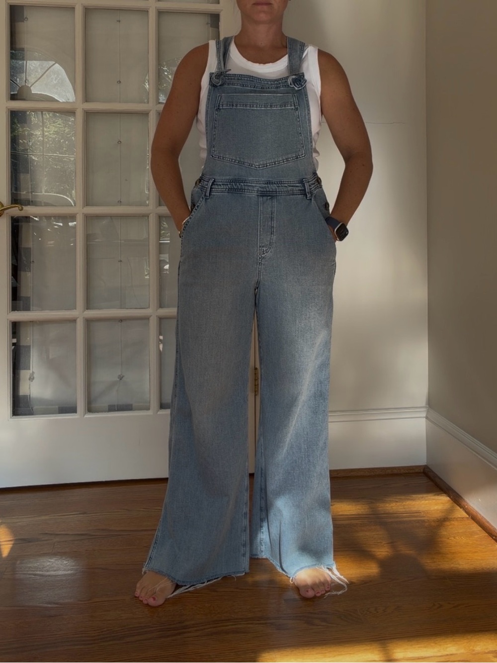 Aerie Classic Wide-Leg Denim Overalls - Light Blue